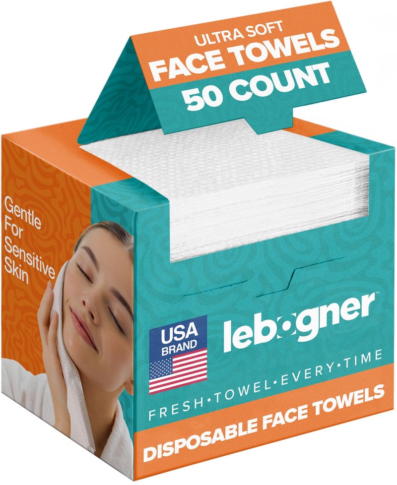 lebogner Face Towels - Ultra Soft and Thick Disposable Face Towelettes for Women - Biodegradable Facial Towels for Sensitive Skin - Face Cleansing, Makeup Removal, 10x12 Extra Large - 50 Pack - Image 1
