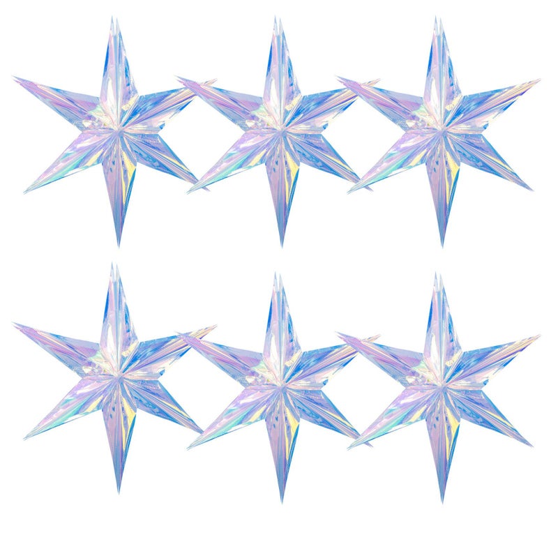 Crafjie 6 Pack 15.74 Inch Iridescent Ornament Star Hanging Decorations Hexagon Star Clear Foil Decorative Folding Rainbow Shine Party Ornaments for Bridal Shower Wedding Birthday Frozen Theme Decoration - Image 1