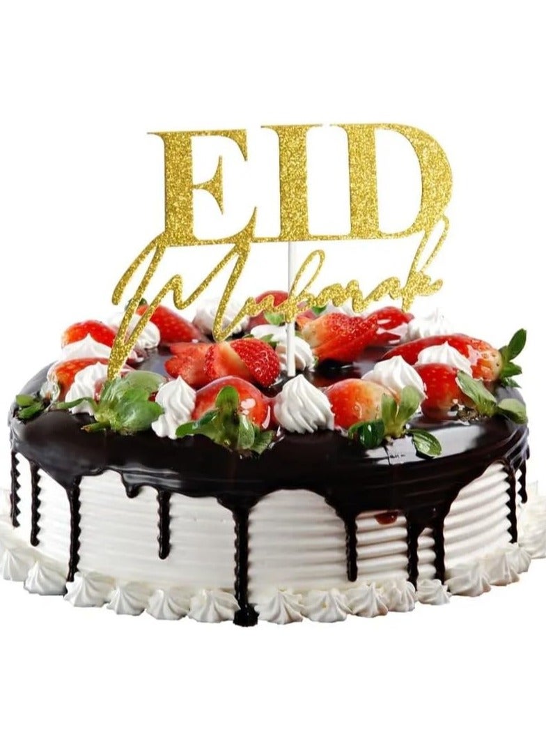 ThePartyPopper Glitter Gold Eid Mubarak Cake Topper Arabic Happy Eid Ramadan Kareem Cake Decorations  - Image 1