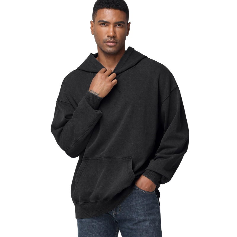 KEEPSHOWING Mens Oversized Hoodie Unisex Acid Wash Hoodie Vintage Pullover Hoodies Hip Hop Sweatshirts with Pocket(Black(hooded) XL) - Image 4