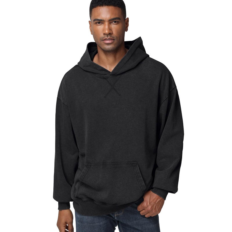 KEEPSHOWING Mens Oversized Hoodie Unisex Acid Wash Hoodie Vintage Pullover Hoodies Hip Hop Sweatshirts with Pocket(Black(hooded) XL) - Image 2