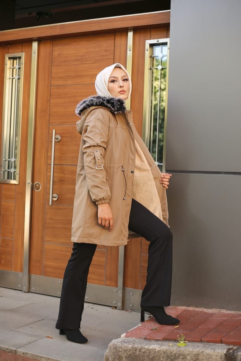 Vibeys Collection Beige Fur Lined and Waterproof Women's Winter Coat & Jacket  - Image 5