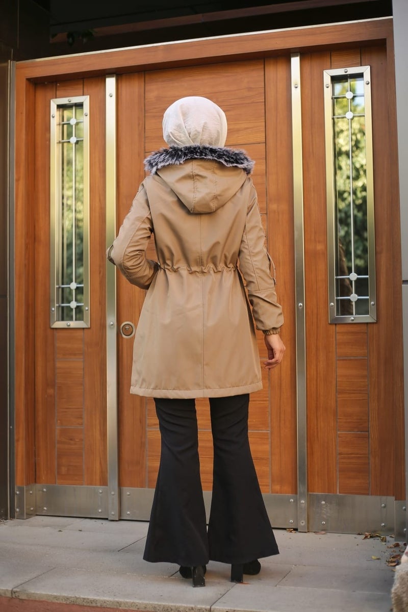 Vibeys Collection Beige Fur Lined and Waterproof Women's Winter Coat & Jacket  - Image 4