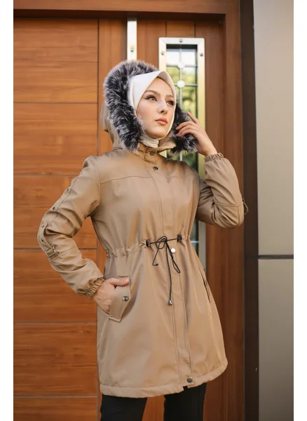 Vibeys Collection Beige Fur Lined and Waterproof Women's Winter Coat & Jacket