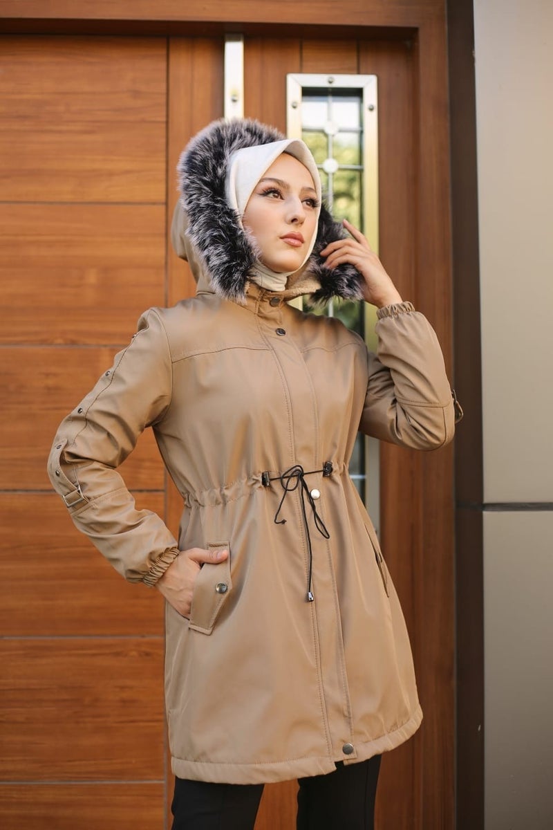 Vibeys Collection Beige Fur Lined and Waterproof Women's Winter Coat & Jacket  - Image 1