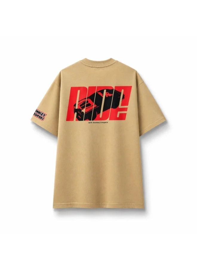 Monkey Troopers Oversized T-Shirt for Men & Women Beige RIDE Car Graphic Printed Tee 240 GSM Knitted Fabric Unisex Baggy Fit Streetwear Size