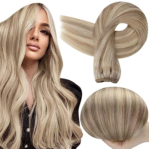 Full Shine Weft Hair Extensions Human Hair 22 Inch Sew In Hair Extensions Remy Straight Hair Weft Color 18 Ash Blonde Highlight 613 Bleach Blonde Real Human Hair Wefts Brazilian Hair Bundles 105G