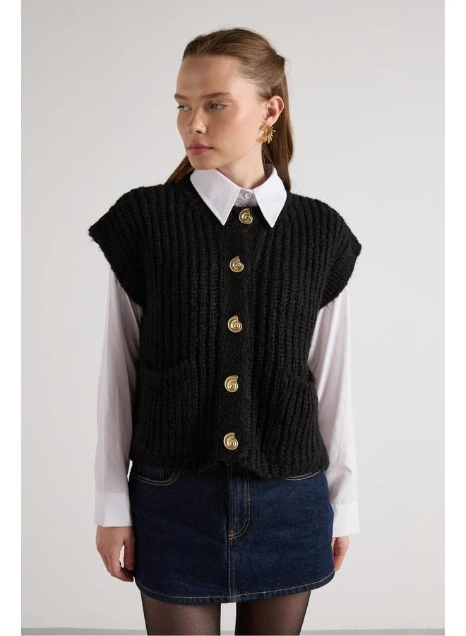 mina aise Women's Black Hair Braid Button-Detail Knit Vest 5584.