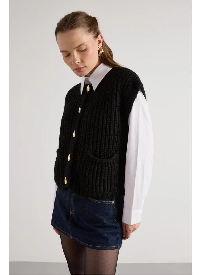 mina aise Women's Black Hair Braid Button-Detail Knit Vest 5584.