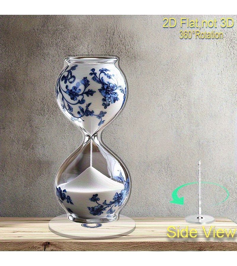 زينة ساعة رملية دوارة مسطحة ثنائية الأبعاد بتصميم زهري كلاسيكي مع قاعدة دوارة بزاوية 360 درجة، قطعة مكتبية أنيقة بتصميم أزرق وأبيض للمنزل وحفلات الزفاف وأعياد الميلاد، لا تحتاج إلى كهرباء، هدية مثالية. - Image 3