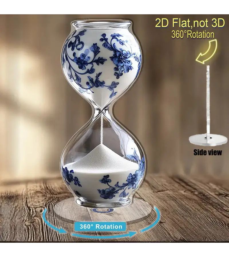زينة ساعة رملية دوارة مسطحة ثنائية الأبعاد بتصميم زهري كلاسيكي مع قاعدة دوارة بزاوية 360 درجة، قطعة مكتبية أنيقة بتصميم أزرق وأبيض للمنزل وحفلات الزفاف وأعياد الميلاد، لا تحتاج إلى كهرباء، هدية مثالية. - Image 5