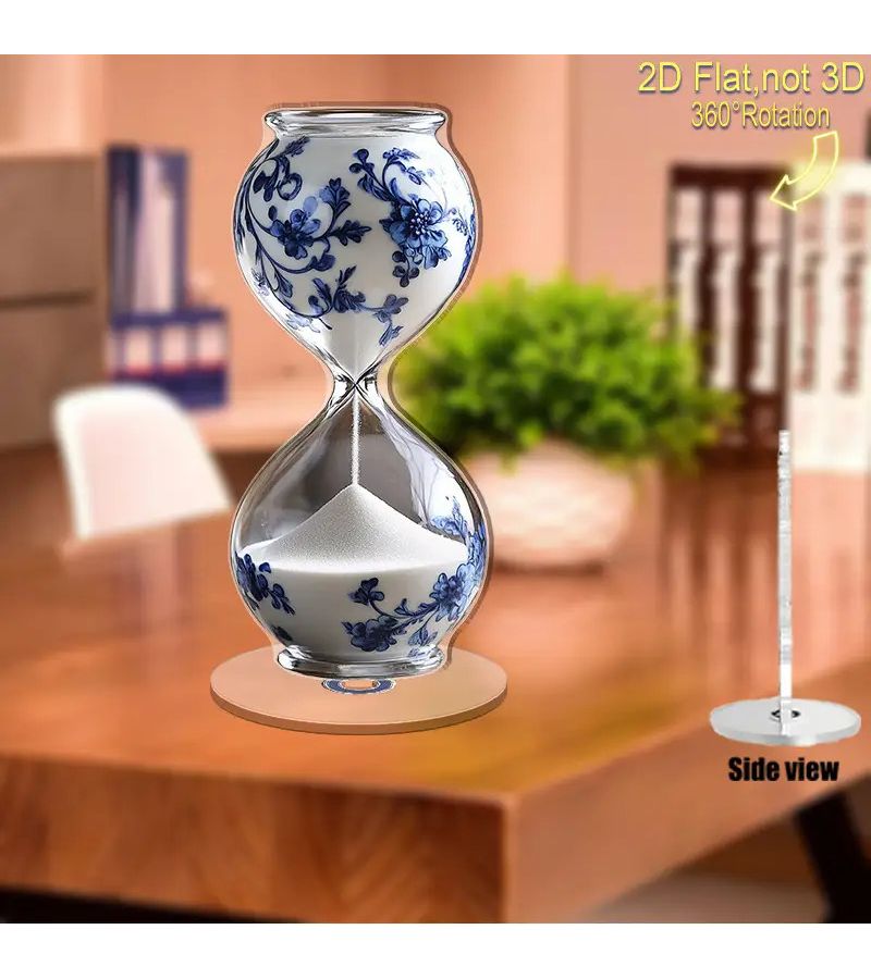 زينة ساعة رملية دوارة مسطحة ثنائية الأبعاد بتصميم زهري كلاسيكي مع قاعدة دوارة بزاوية 360 درجة، قطعة مكتبية أنيقة بتصميم أزرق وأبيض للمنزل وحفلات الزفاف وأعياد الميلاد، لا تحتاج إلى كهرباء، هدية مثالية. - Image 4
