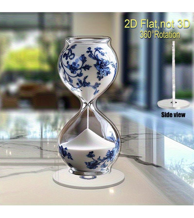 زينة ساعة رملية دوارة مسطحة ثنائية الأبعاد بتصميم زهري كلاسيكي مع قاعدة دوارة بزاوية 360 درجة، قطعة مكتبية أنيقة بتصميم أزرق وأبيض للمنزل وحفلات الزفاف وأعياد الميلاد، لا تحتاج إلى كهرباء، هدية مثالية. - Image 1