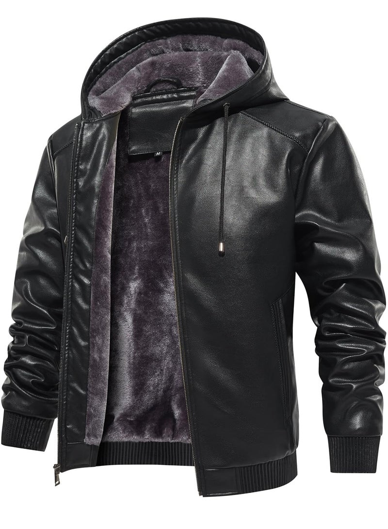 FANARCHER Mens Faux Leather Jacket Fleece Padded Bomber Motorcycle Jacket with Hood - Image 2