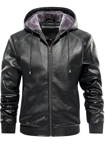 FANARCHER Mens Faux Leather Jacket Fleece Padded Bomber Motorcycle Jacket with Hood - Image 3