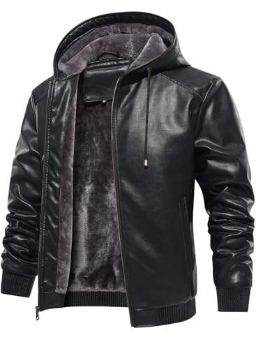 FANARCHER Mens Faux Leather Jacket Fleece Padded Bomber Motorcycle Jacket with Hood - Image 1