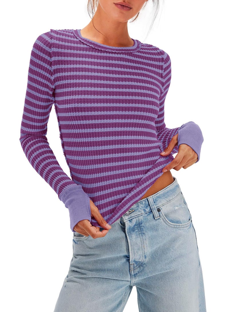 Panadila Womens Striped Long Sleeve Shirts Crewneck Waffle Knit Tops Casual Fitted T Shirts Fall Outfits (Violet Combo,M) - Image 2