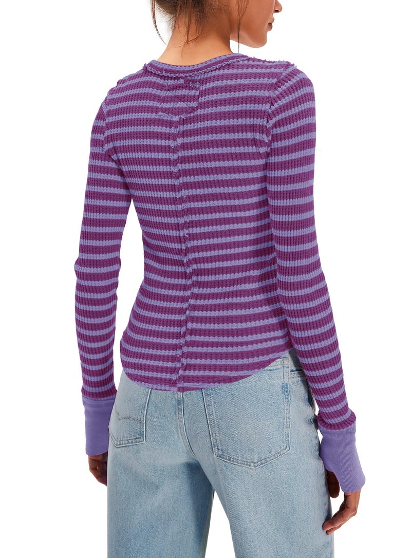 Panadila Womens Striped Long Sleeve Shirts Crewneck Waffle Knit Tops Casual Fitted T Shirts Fall Outfits (Violet Combo,M) - Image 4