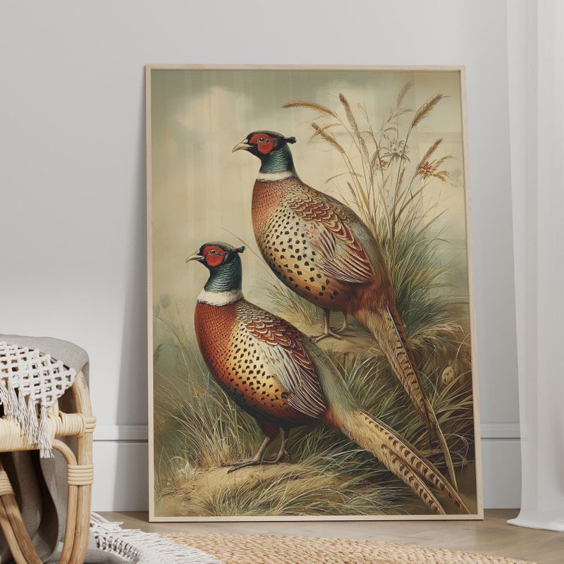 TNESSENTIAL Chinese Ring-Necked Pheasants Wall Art Poster or Canvas Print, Vintage Style Wildlife Illustration, Classical Bird Art Rustic Home Decor - Image 1