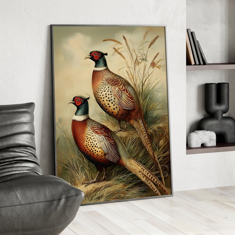 TNESSENTIAL Chinese Ring-Necked Pheasants Wall Art Poster or Canvas Print, Vintage Style Wildlife Illustration, Classical Bird Art Rustic Home Decor - Image 3
