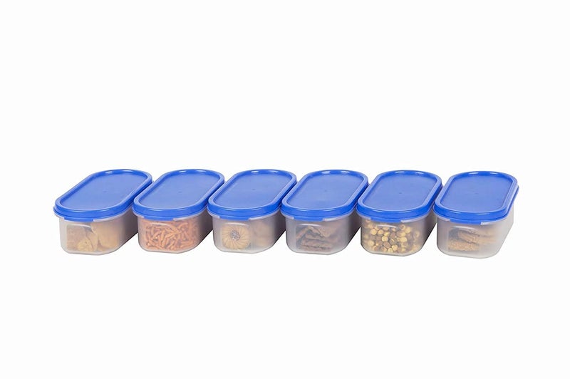 SIMPARTE Modular Containers Oval with Blue Plain Lids Set for Kitchen Storage Plastic Containers Rice DalAtta Flour Cereals Pulses Snacks Stackable 6 x 535 ML Set of 6 - Image 1