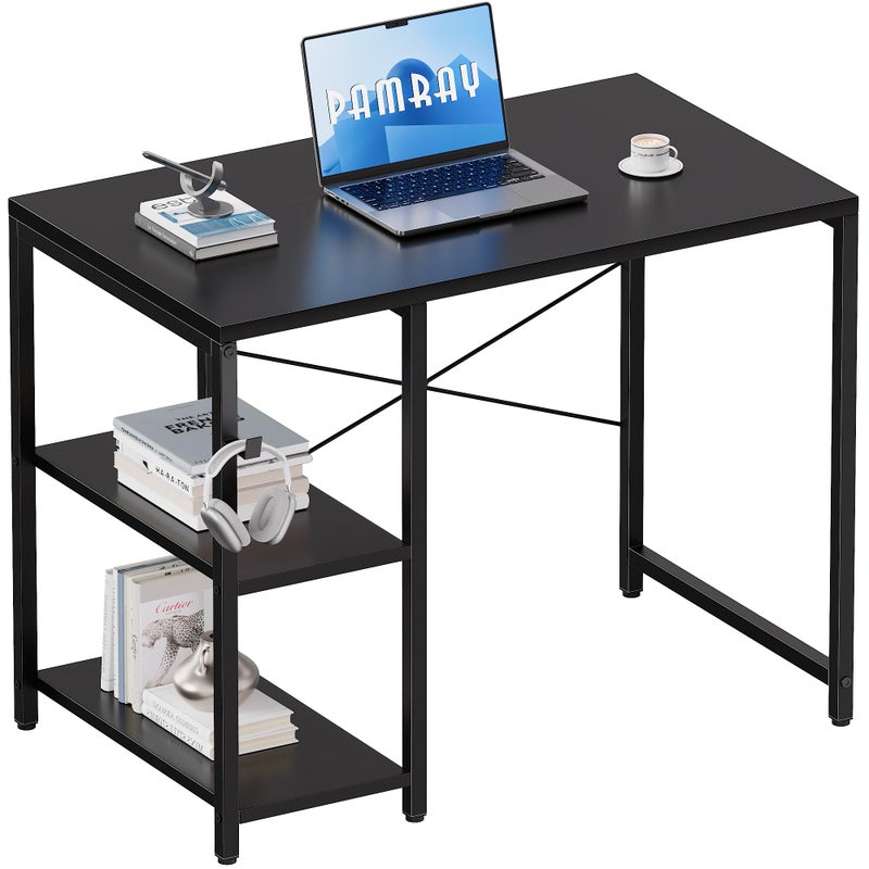 Pamray 32 Inch Small Computer Desk with Shelves, Home Office Desk with Headphone Hook for Bedroom, Study Writing PC Table for Small Spaces, Black - Image 1