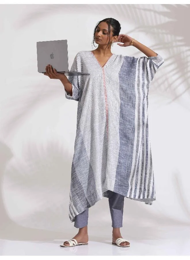 Off-White Cotton Multi Stripe Free Size Flared Kurta Set