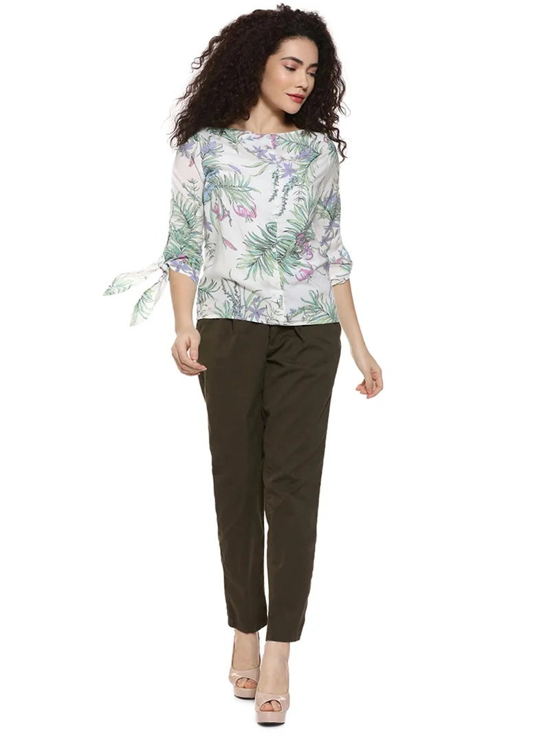 Campus Sutra Women's Off-White Foliage-Imprint Blouse-Top