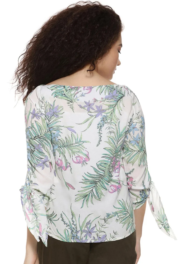 Campus Sutra Women's Off-White Foliage-Imprint Blouse-Top