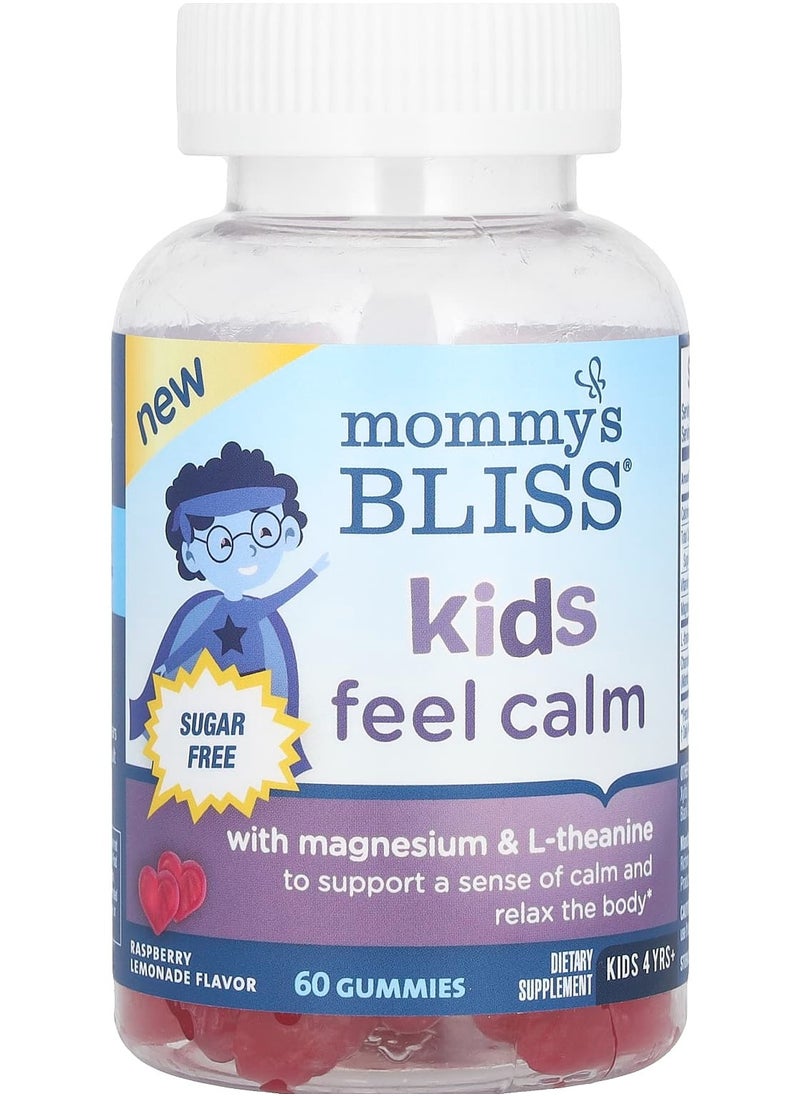Mommy's Bliss Kids Feel Calm Gummies with Magnesium & L-Theanine, Sugar Free, 4 Yrs+, Raspberry Lemonade, 60 Gummies 