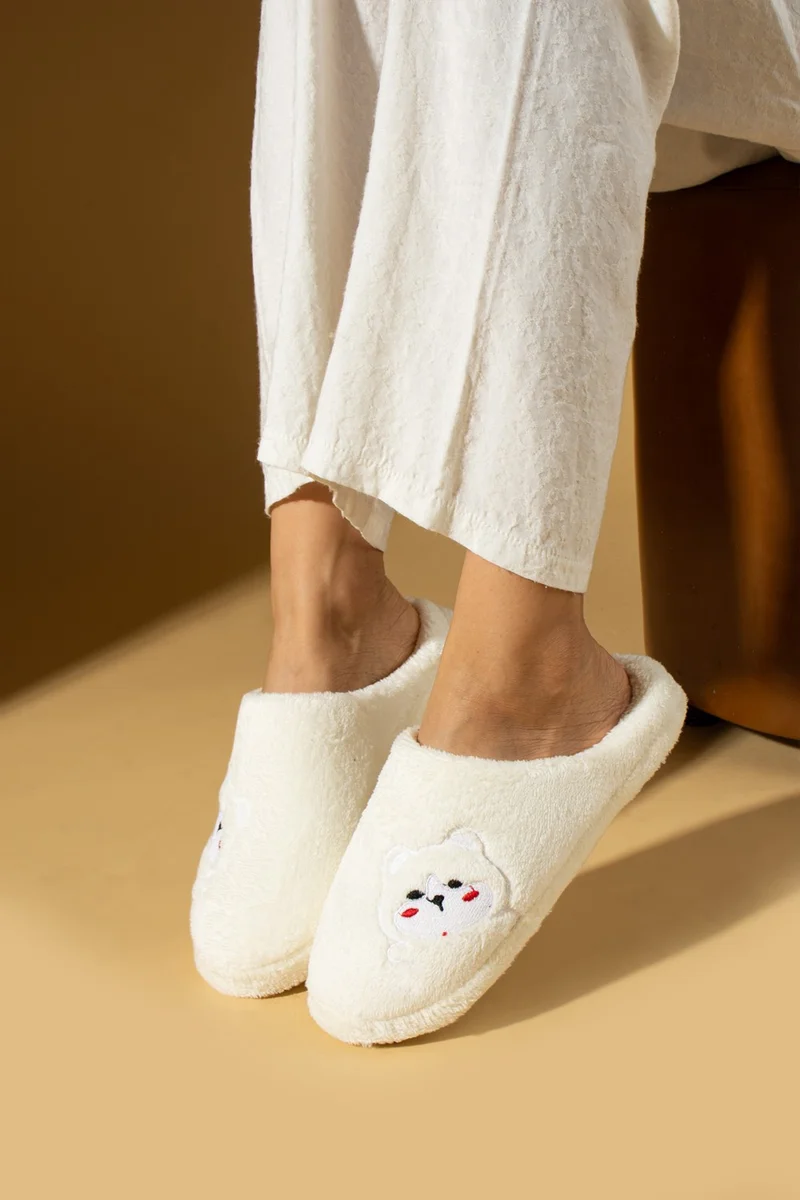 Pembe Potin Pink Potin Cute Teddy Bear Printed Silent Sole Plush Women's Home Slippers K60-25