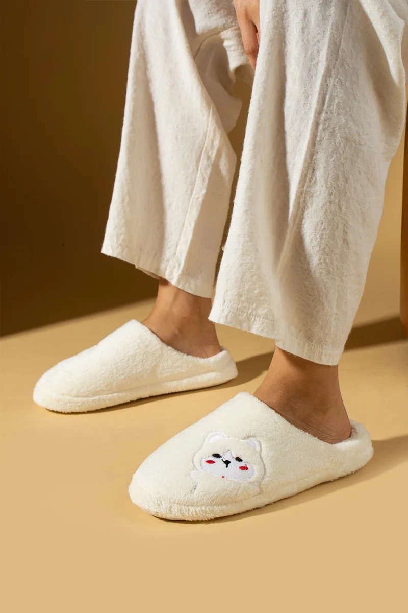 Pembe Potin Pink Potin Cute Teddy Bear Printed Silent Sole Plush Women's Home Slippers K60-25