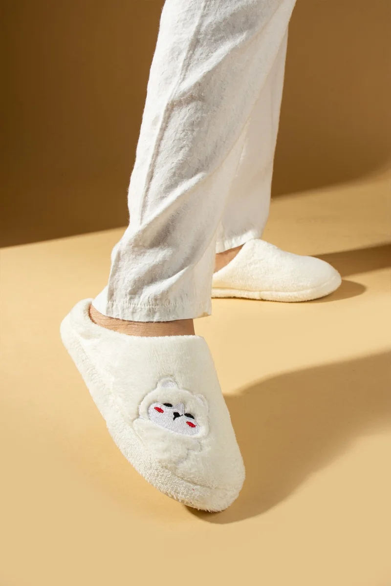 Pembe Potin Pink Potin Cute Teddy Bear Printed Silent Sole Plush Women's Home Slippers K60-25