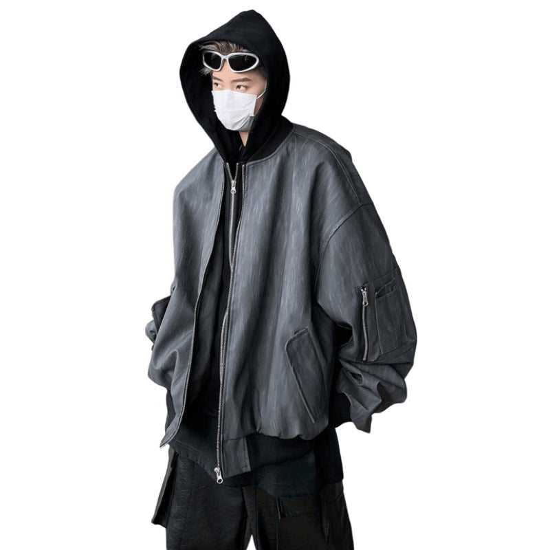 Spring Autumn Mens Illusion Leather Jacket Two-Piece American Style Trendy Vintage High-End Feel PU Motorcycle Hooded Bomber Ja Black gray