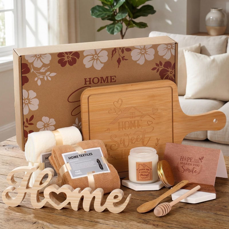 RimCereal Housewarming Gifts Baskets - Serving Board Towels Bamboo Spoon Honey Stirrer Coaster Candle Set for First Apartment New Home Buyers Closing Gift Homeowner Housewarming Gift(Nature,Brown) - Image 4