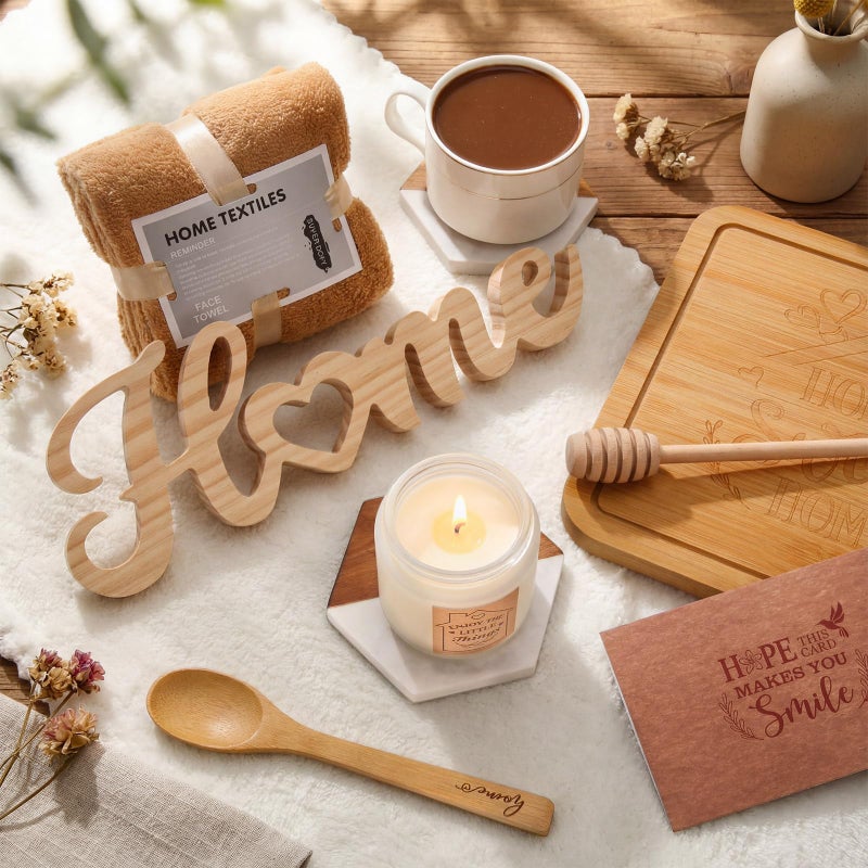 RimCereal Housewarming Gifts Baskets - Serving Board Towels Bamboo Spoon Honey Stirrer Coaster Candle Set for First Apartment New Home Buyers Closing Gift Homeowner Housewarming Gift(Nature,Brown) - Image 5