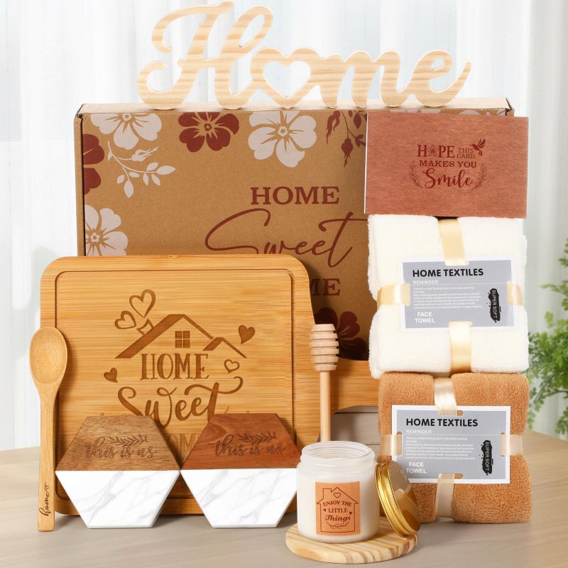 RimCereal Housewarming Gifts Baskets - Serving Board Towels Bamboo Spoon Honey Stirrer Coaster Candle Set for First Apartment New Home Buyers Closing Gift Homeowner Housewarming Gift(Nature,Brown) - Image 1