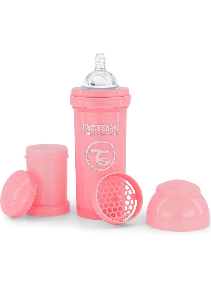 Twistshake Anti-Colic Baby Bottle with Milk Powder Container and Mixer - 260ml | Medium Flow Silicone Breast-Like Nipple | BPA- Free | Suitable for 2+ Month | Pink - Image 1