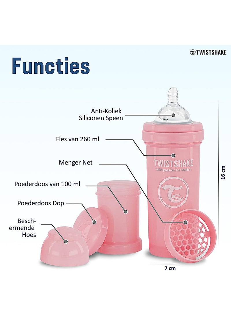 Twistshake Anti-Colic Baby Bottle with Milk Powder Container and Mixer - 260ml | Medium Flow Silicone Breast-Like Nipple | BPA- Free | Suitable for 2+ Month | Pink - Image 2
