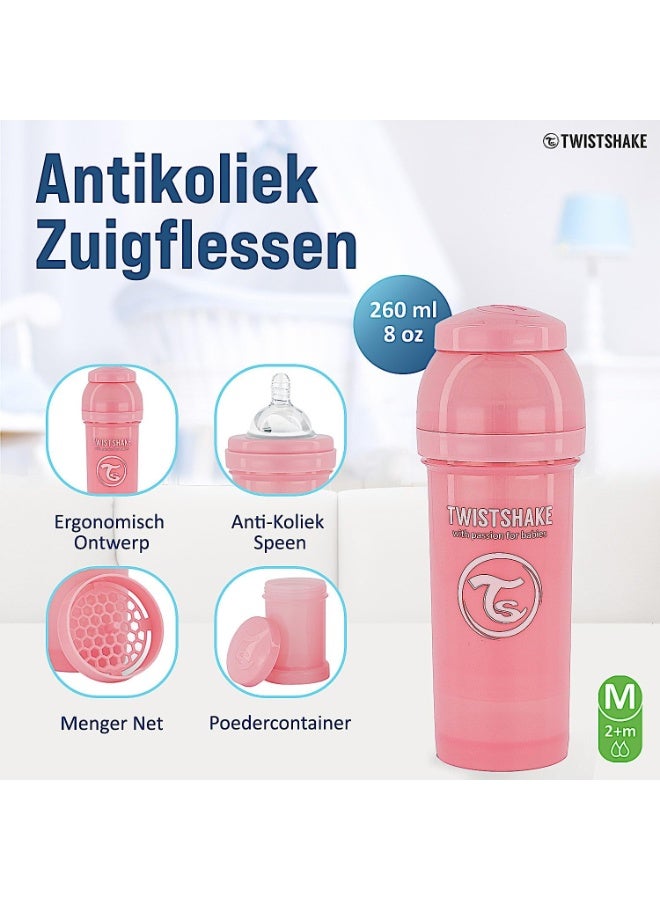 Twistshake Anti-Colic Baby Bottle with Milk Powder Container and Mixer - 260ml | Medium Flow Silicone Breast-Like Nipple | BPA- Free | Suitable for 2+ Month | Pink - Image 3
