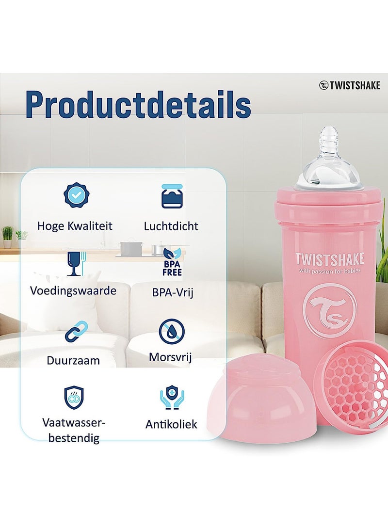 Twistshake Anti-Colic Baby Bottle with Milk Powder Container and Mixer - 260ml | Medium Flow Silicone Breast-Like Nipple | BPA- Free | Suitable for 2+ Month | Pink - Image 4