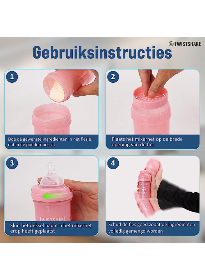 Twistshake Anti-Colic Baby Bottle with Milk Powder Container and Mixer - 260ml | Medium Flow Silicone Breast-Like Nipple | BPA- Free | Suitable for 2+ Month | Pink - Image 5