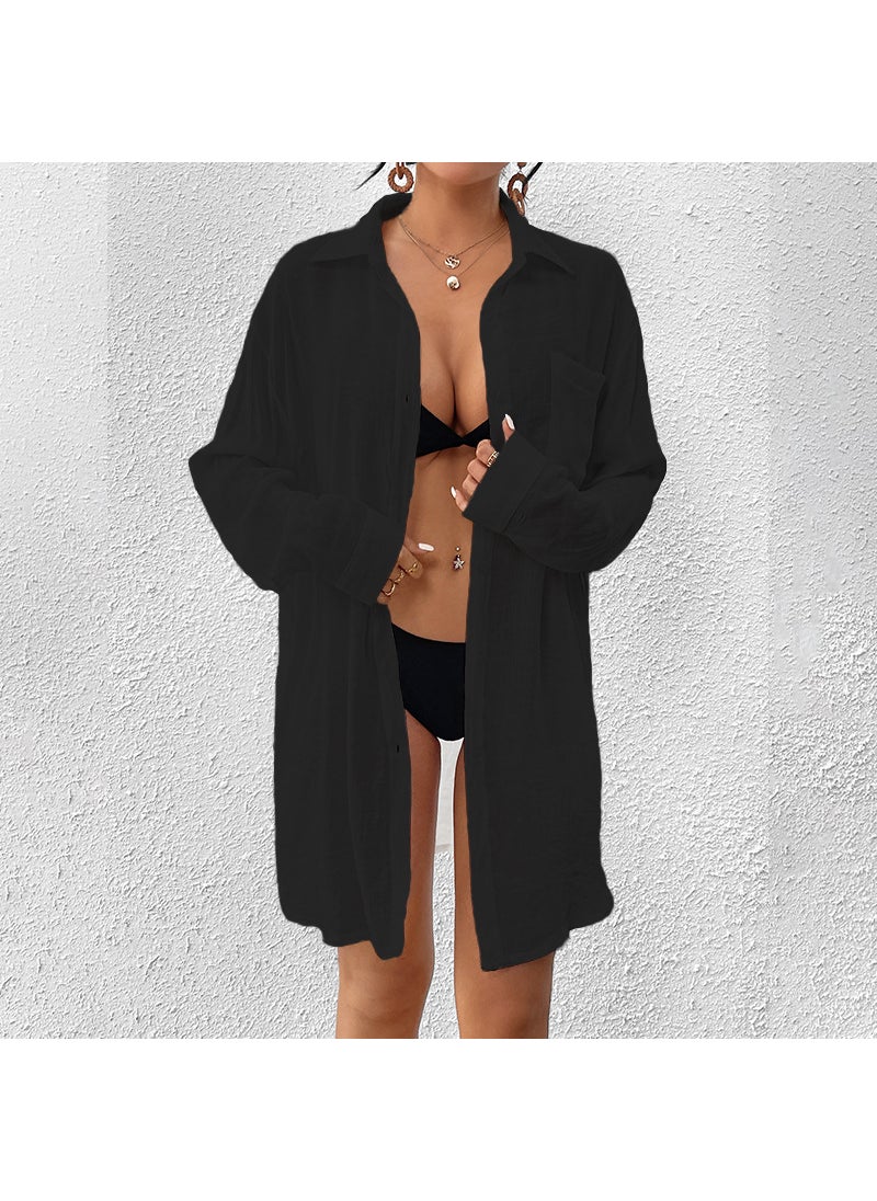 Generic 2024 New Bamboo Cotton Sun Protection Shirt Style Beach Cover Up Holiday Bikini Swimwear Outside Coords Childrens Two-Piece Swi Black (1356) 