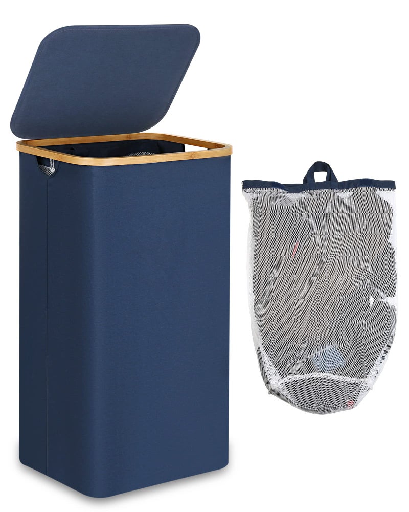 efluky Laundry Basket with Lid and Removable Bag, 100L Tall Laundry Hamper with Bamboo Handles, Aesthetic Dirty Clothes Bin for Laundry Room, Bathroom, Bedroom and Dorm, Blue - Image 1