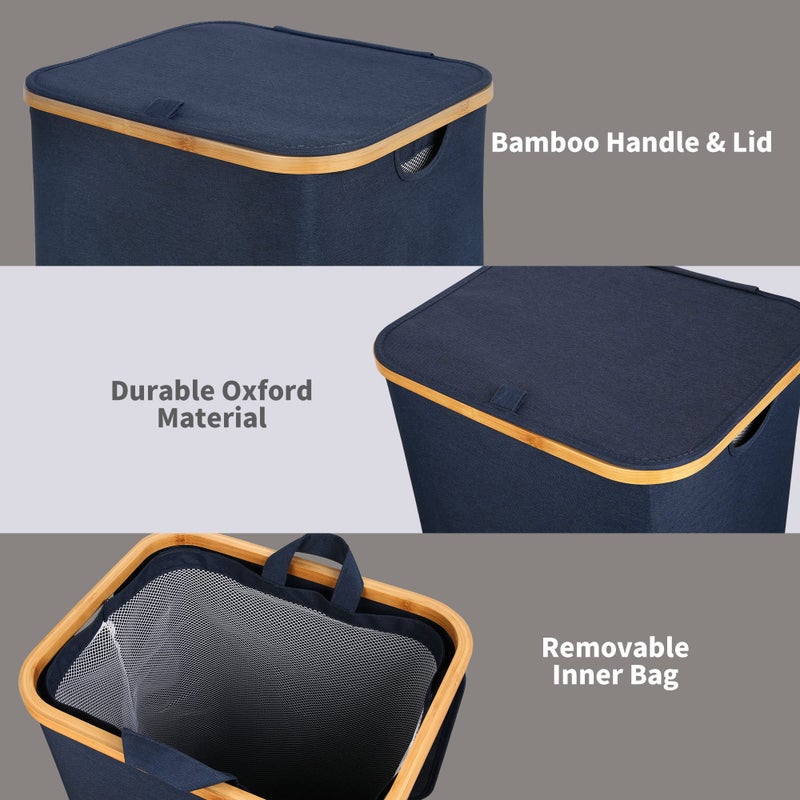 efluky Laundry Basket with Lid and Removable Bag, 100L Tall Laundry Hamper with Bamboo Handles, Aesthetic Dirty Clothes Bin for Laundry Room, Bathroom, Bedroom and Dorm, Blue - Image 5