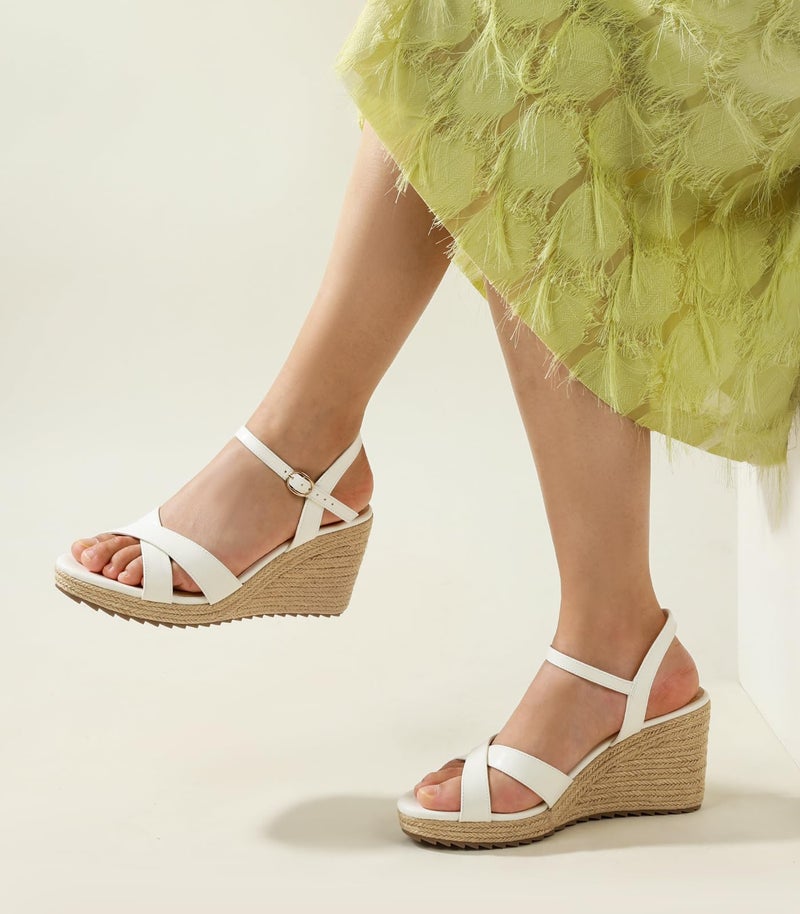 Ankis Wedge Sandals for Women, White Espadrille Womens Wedge Sandals Comfortable Open Toe Ankle Strap High Heel Wedges for Women Dressy Summer -3.4Inch - Image 2