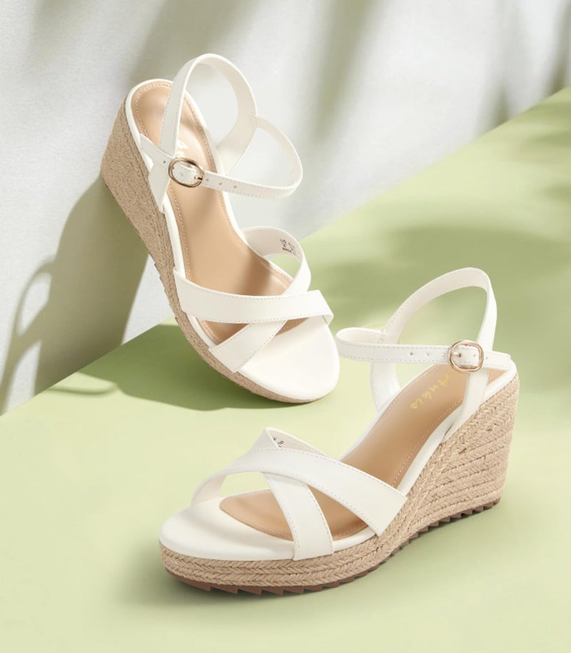 Ankis Wedge Sandals for Women, White Espadrille Womens Wedge Sandals Comfortable Open Toe Ankle Strap High Heel Wedges for Women Dressy Summer -3.4Inch - Image 3