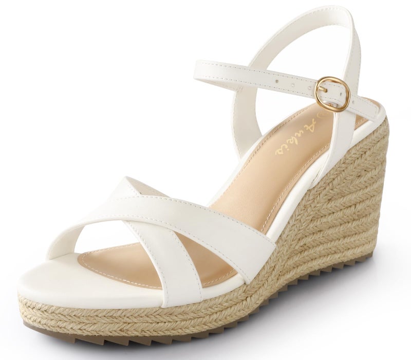 Ankis Wedge Sandals for Women, White Espadrille Womens Wedge Sandals Comfortable Open Toe Ankle Strap High Heel Wedges for Women Dressy Summer -3.4Inch - Image 1
