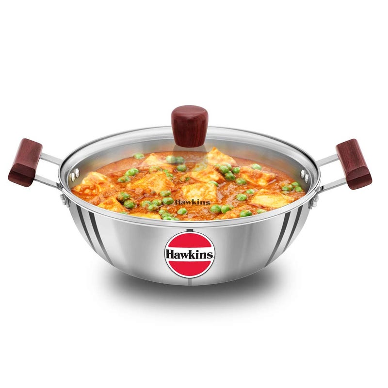 Hawkins 4 Litre Deep Kadhai Triply Stainless Steel Kadai with Glass Lid Flat Bottom Induction Kadhai Big Kadai Silver SSK40G