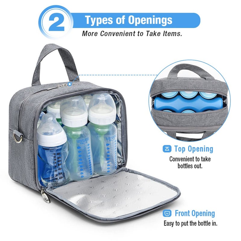 Lekebaby Baby Bottle Bag with Ice Pack Fits 6 Bottles 9 Oz Bottles, Leakproof Breastmilk Cooler Bag for Nursing Mom Daycare, Grey - Image 2